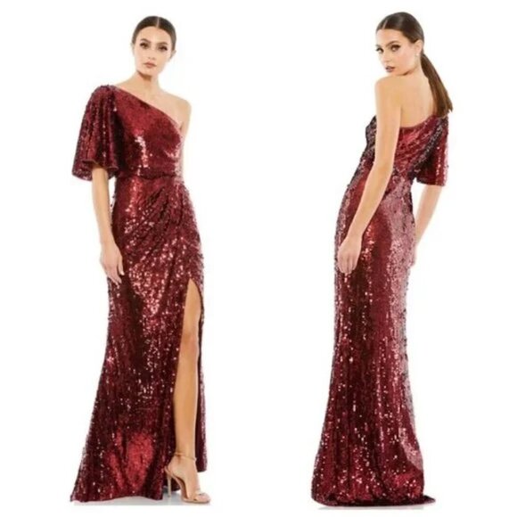 MAC DUGGAL One-Shoulder Sequin Column Gown in Burgundy Size US 0 NWT - Picture 1 of 13